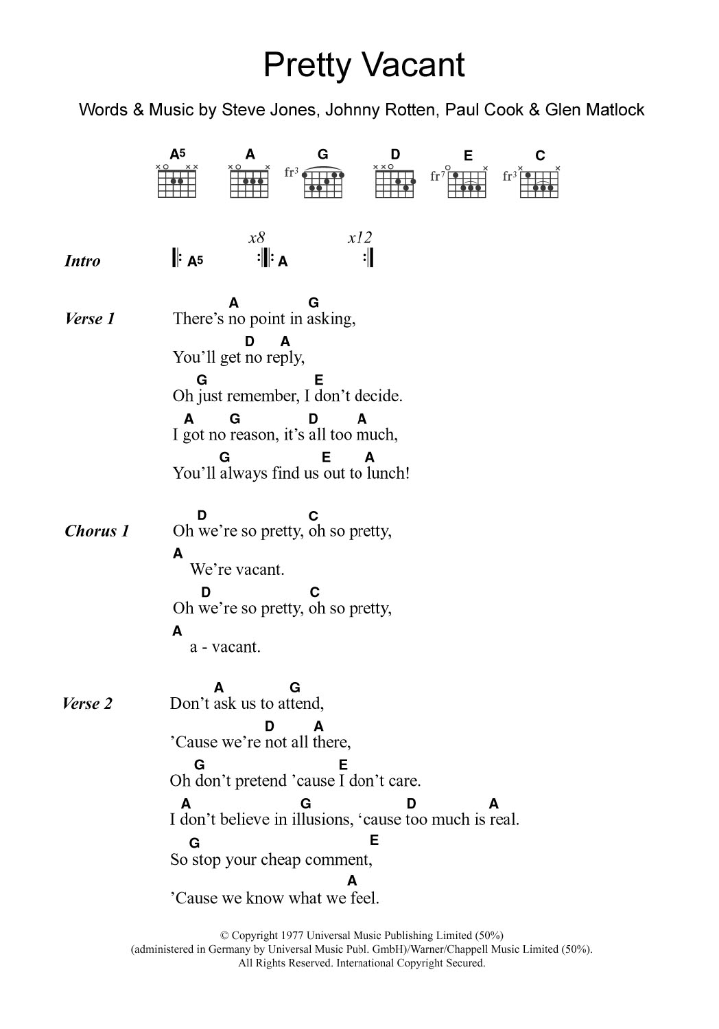 The Sex Pistols Pretty Vacant Sheet Music Pdf Notes Chords Punk