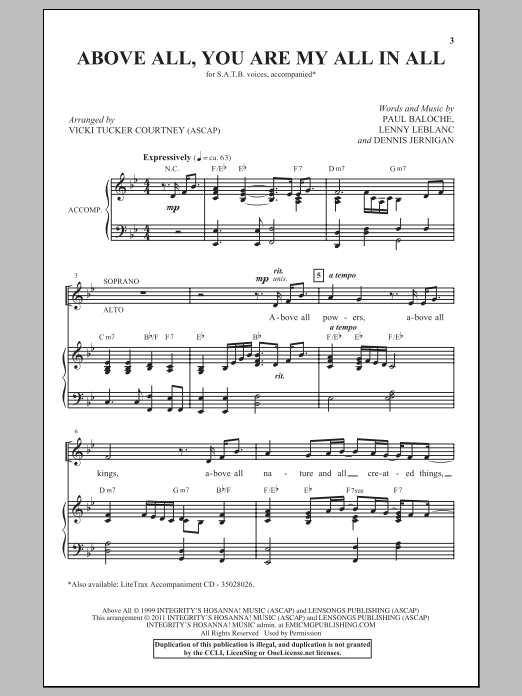 Vicki Tucker Courtney Above All You Are My All In All Sheet Music