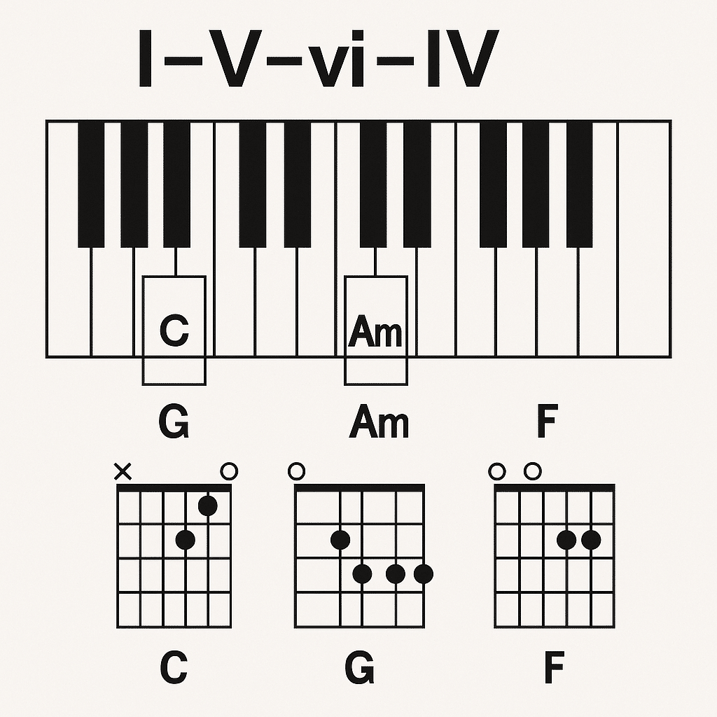I–V–vi–IV catchy chord progression diagram in C major showing piano keys and guitar chords.