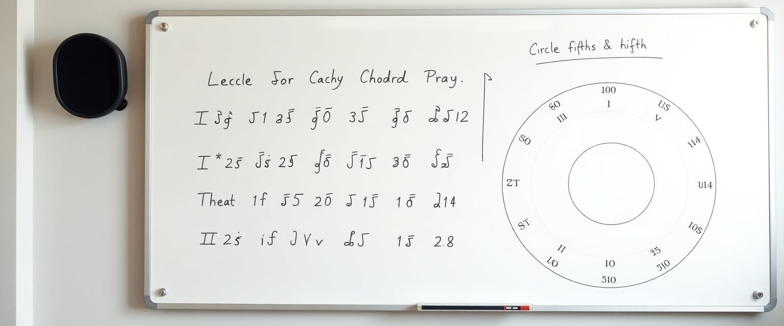 Music theory whiteboard showing catchy chord progressions and circle of fifths