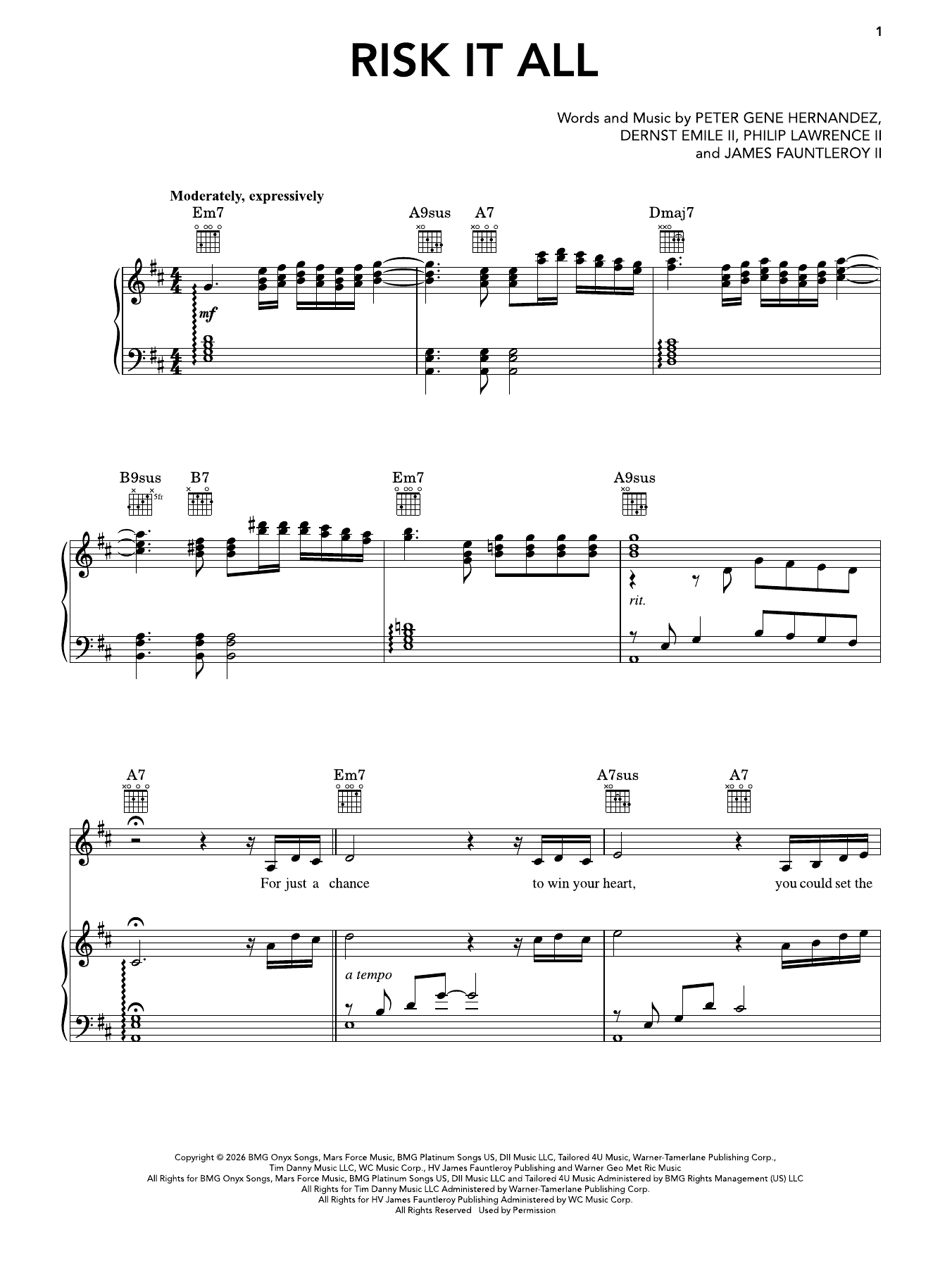 Bruno Mars Risk It All sheet music for piano, voice and guitar