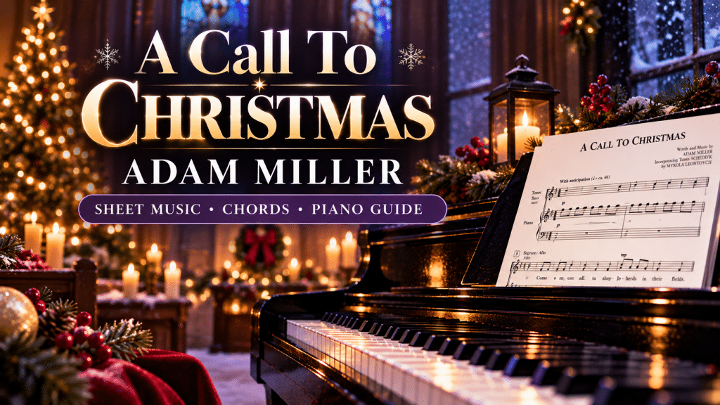 Adam Miller A Call to Christmas sheet music featured image with a grand piano, Christmas decorations and church interior