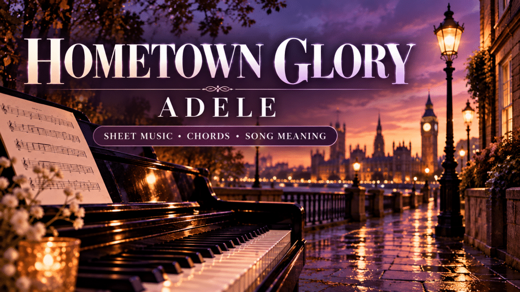 Adele Hometown Glory sheet music featured image with a grand piano and London skyline at sunset