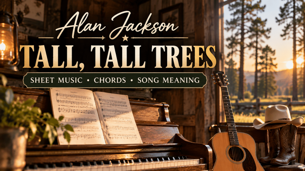 Alan Jackson Tall Tall Trees sheet music guide with piano, guitar, G C D chords and song meaning
