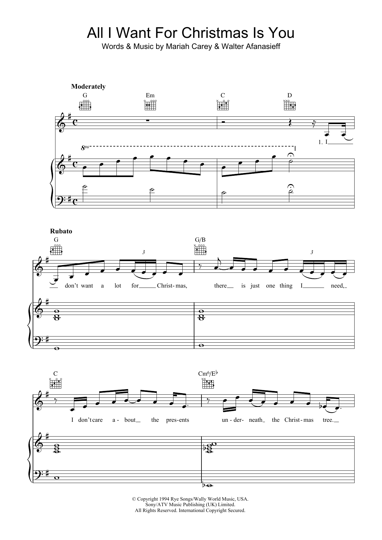 Mariah Carey All I Want for Christmas Is You sheet music sample page showing piano notes, vocal melody, lyrics and guitar chords in G major