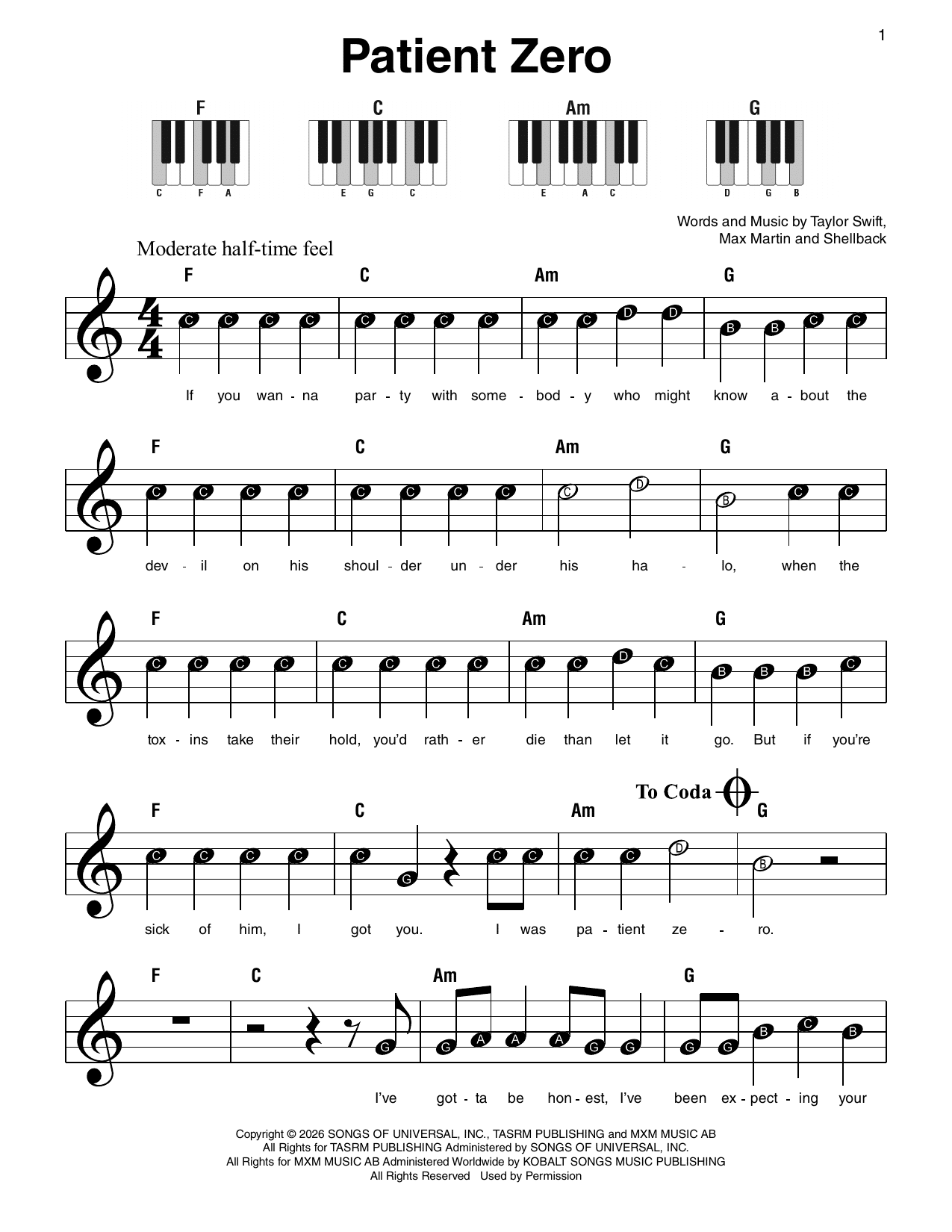 Taylor Swift "Patient Zero" Sheet Music Sample
