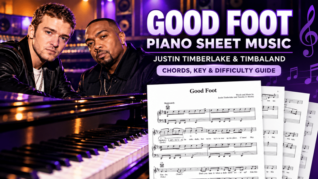 Justin Timberlake and Timbaland Good Foot sheet music featuring piano keyboard, musical notation and chords guide