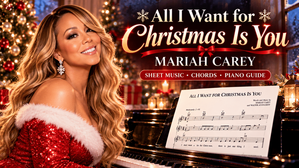 Mariah Carey All I Want for Christmas Is You sheet music for piano, vocal and guitar with festive Christmas piano decorations