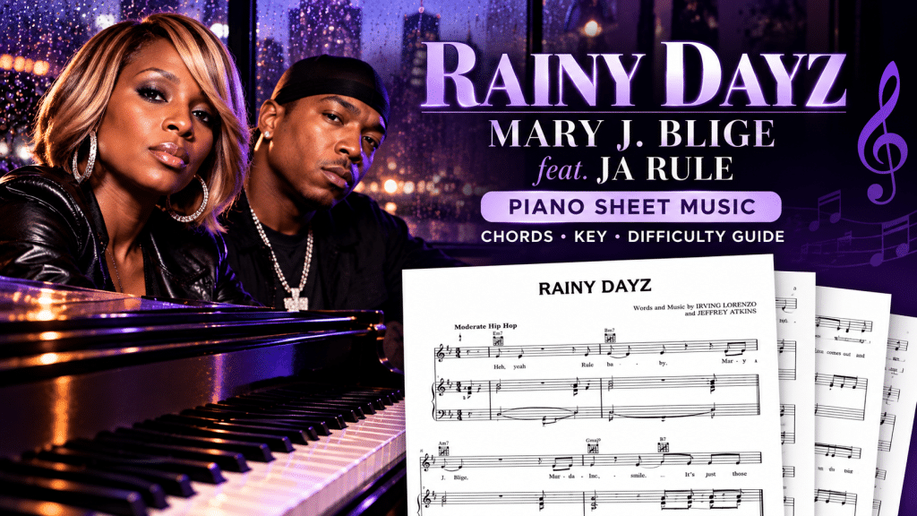 Mary J. Blige Rainy Dayz sheet music guide featuring a piano, musical notation, and rainy purple city skyline