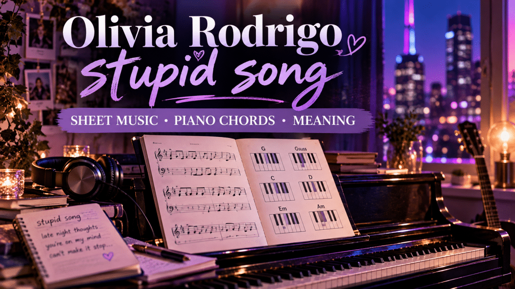Olivia Rodrigo Stupid Song sheet music guide with piano keyboard, G and Gsus chords, and song meaning