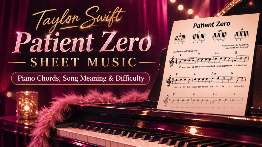 Taylor Swift Patient Zero sheet music for piano with F, C, Am and G chords, song meaning and difficulty guide