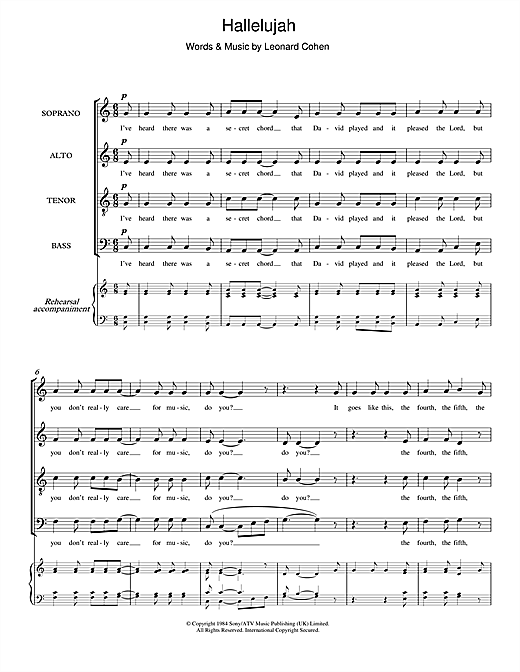 Preview Leonard Cohen Hallelujah (SATB A cappella) Pop sheet music, notes and chords for SATB, SKU: 100009 sheet music, piano notes, chords, guitar tabs, score, transpose, transcribe, how to play, guide, download, learn, tutorial, progression, song, artist, awards, billboard, mtv, vh1, tour, single, album, release