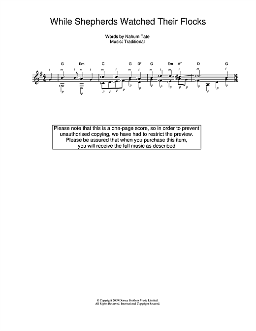 Preview Christmas Carol While Shepherds Watched Their Flocks Christmas sheet music, notes and chords for Guitar, SKU: 100213 sheet music, piano notes, chords, guitar tabs, score, transpose, transcribe, how to play, guide, download, learn, tutorial, progression, song, artist, awards, billboard, mtv, vh1, tour, single, album, release