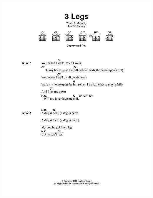 Preview Paul McCartney 3 Legs Rock sheet music, notes and chords for Lyrics & Chords, SKU: 100305 sheet music, piano notes, chords, guitar tabs, score, transpose, transcribe, how to play, guide, download, learn, tutorial, progression, song, artist, awards, billboard, mtv, vh1, tour, single, album, release