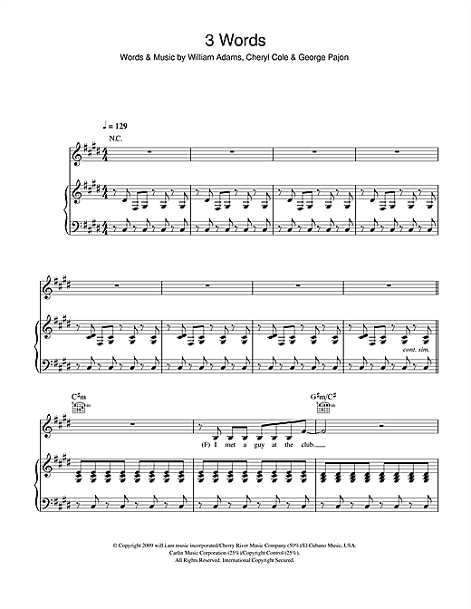 Preview will.i.am 3 Words (feat. Cheryl) Pop sheet music, notes and chords for Piano, Vocal & Guitar, SKU: 100702 sheet music, piano notes, chords, guitar tabs, score, transpose, transcribe, how to play, guide, download, learn, tutorial, progression, song, artist, awards, billboard, mtv, vh1, tour, single, album, release