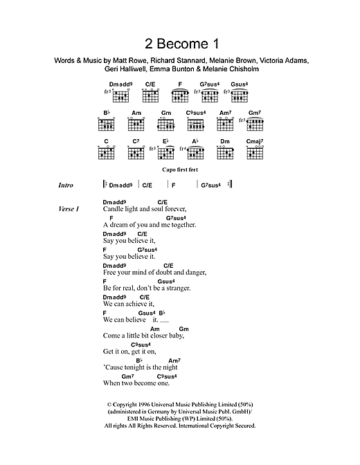 Preview The Spice Girls 2 Become 1 Pop sheet music, notes and chords for Lyrics & Chords, SKU: 100887 sheet music, piano notes, chords, guitar tabs, score, transpose, transcribe, how to play, guide, download, learn, tutorial, progression, song, artist, awards, billboard, mtv, vh1, tour, single, album, release