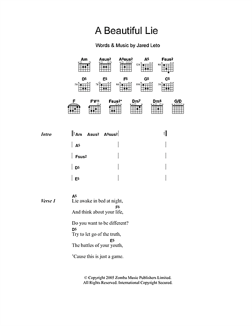 Preview 30 Seconds To Mars A Beautiful Lie Rock sheet music, notes and chords for Lyrics & Chords, SKU: 101025 sheet music, piano notes, chords, guitar tabs, score, transpose, transcribe, how to play, guide, download, learn, tutorial, progression, song, artist, awards, billboard, mtv, vh1, tour, single, album, release