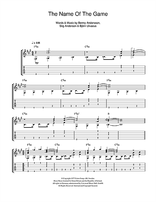 Preview ABBA The Name Of The Game Pop sheet music, notes and chords for Guitar, SKU: 101695 sheet music, piano notes, chords, guitar tabs, score, transpose, transcribe, how to play, guide, download, learn, tutorial, progression, song, artist, awards, billboard, mtv, vh1, tour, single, album, release