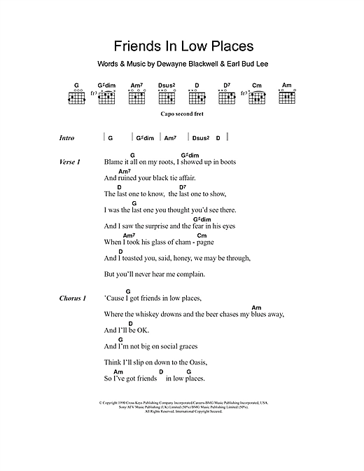 Preview Garth Brooks Friends In Low Places Country sheet music, notes and chords for Lyrics & Chords, SKU: 102416 sheet music, piano notes, chords, guitar tabs, score, transpose, transcribe, how to play, guide, download, learn, tutorial, progression, song, artist, awards, billboard, mtv, vh1, tour, single, album, release
