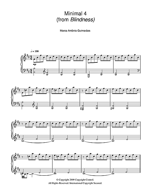 Preview Marco Antonio Guimaraes Minimal 4 (from Blindness) Film and TV sheet music, notes and chords for Piano, SKU: 105881 sheet music, piano notes, chords, guitar tabs, score, transpose, transcribe, how to play, guide, download, learn, tutorial, progression, song, artist, awards, billboard, mtv, vh1, tour, single, album, release