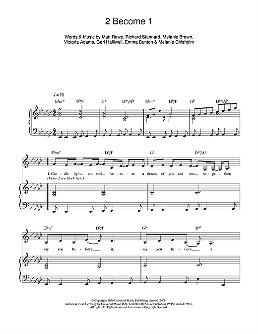 Preview The Spice Girls 2 Become 1 Pop sheet music, notes and chords for Piano & Vocal, SKU: 106250 sheet music, piano notes, chords, guitar tabs, score, transpose, transcribe, how to play, guide, download, learn, tutorial, progression, song, artist, awards, billboard, mtv, vh1, tour, single, album, release