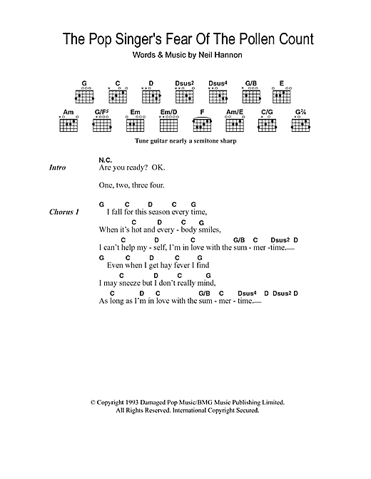 Preview The Divine Comedy The Pop Singer's Fear Of The Pollen Count Pop sheet music, notes and chords for Lyrics & Chords, SKU: 106785 sheet music, piano notes, chords, guitar tabs, score, transpose, transcribe, how to play, guide, download, learn, tutorial, progression, song, artist, awards, billboard, mtv, vh1, tour, single, album, release