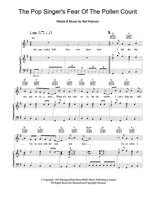Preview The Divine Comedy The Pop Singer's Fear Of The Pollen Count Pop sheet music, notes and chords for Piano, Vocal & Guitar, SKU: 106786 sheet music, piano notes, chords, guitar tabs, score, transpose, transcribe, how to play, guide, download, learn, tutorial, progression, song, artist, awards, billboard, mtv, vh1, tour, single, album, release