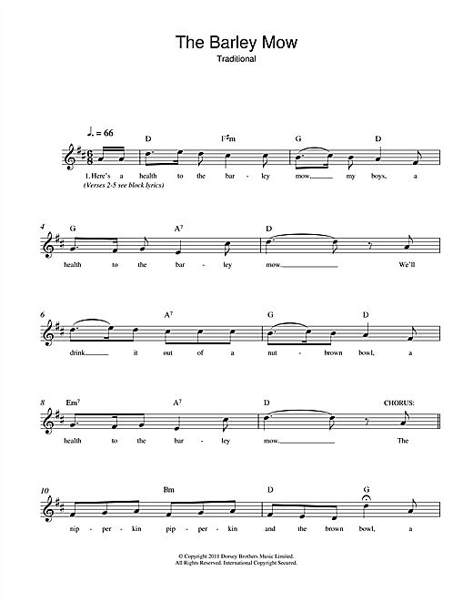 Preview Traditional The Barley Mow Tuition sheet music, notes and chords for Melody Line, Lyrics & Chords, SKU: 107707 sheet music, piano notes, chords, guitar tabs, score, transpose, transcribe, how to play, guide, download, learn, tutorial, progression, song, artist, awards, billboard, mtv, vh1, tour, single, album, release