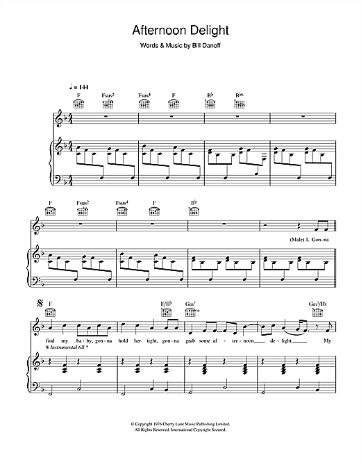 Preview Starland Vocal Band Afternoon Delight Pop sheet music, notes and chords for Piano, Vocal & Guitar, SKU: 107709 sheet music, piano notes, chords, guitar tabs, score, transpose, transcribe, how to play, guide, download, learn, tutorial, progression, song, artist, awards, billboard, mtv, vh1, tour, single, album, release