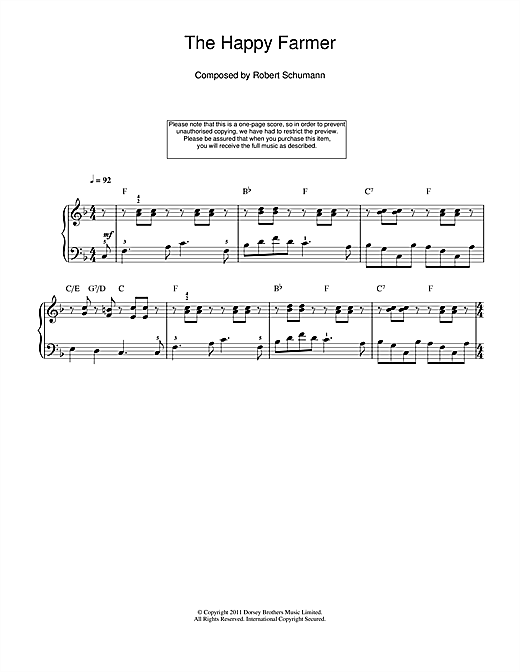 Preview Robert Schumann The Happy Farmer Classical sheet music, notes and chords for Beginner Piano, SKU: 107838 sheet music, piano notes, chords, guitar tabs, score, transpose, transcribe, how to play, guide, download, learn, tutorial, progression, song, artist, awards, billboard, mtv, vh1, tour, single, album, release
