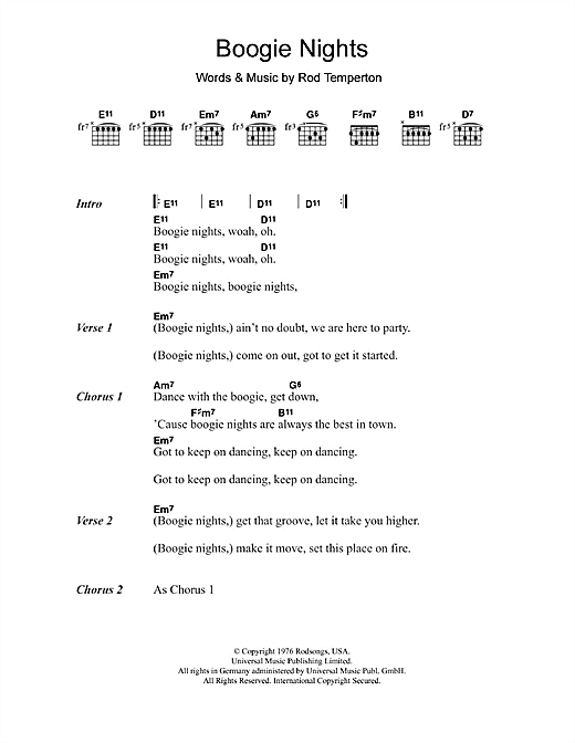 Preview Heatwave Boogie Nights Disco sheet music, notes and chords for Lyrics & Chords, SKU: 109264 sheet music, piano notes, chords, guitar tabs, score, transpose, transcribe, how to play, guide, download, learn, tutorial, progression, song, artist, awards, billboard, mtv, vh1, tour, single, album, release