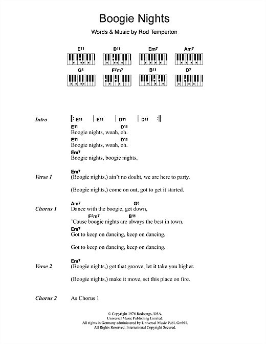 Preview Heatwave Boogie Nights Disco sheet music, notes and chords for Lyrics & Piano Chords, SKU: 109265 sheet music, piano notes, chords, guitar tabs, score, transpose, transcribe, how to play, guide, download, learn, tutorial, progression, song, artist, awards, billboard, mtv, vh1, tour, single, album, release
