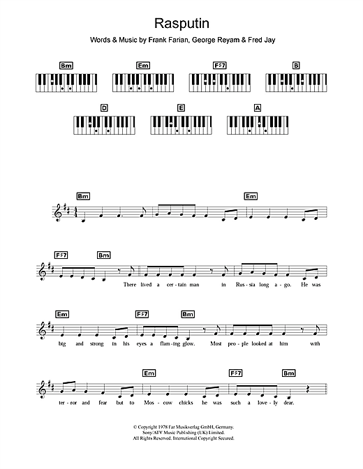 Preview Boney M Rasputin Disco sheet music, notes and chords for Keyboard, SKU: 109601 sheet music, piano notes, chords, guitar tabs, score, transpose, transcribe, how to play, guide, download, learn, tutorial, progression, song, artist, awards, billboard, mtv, vh1, tour, single, album, release