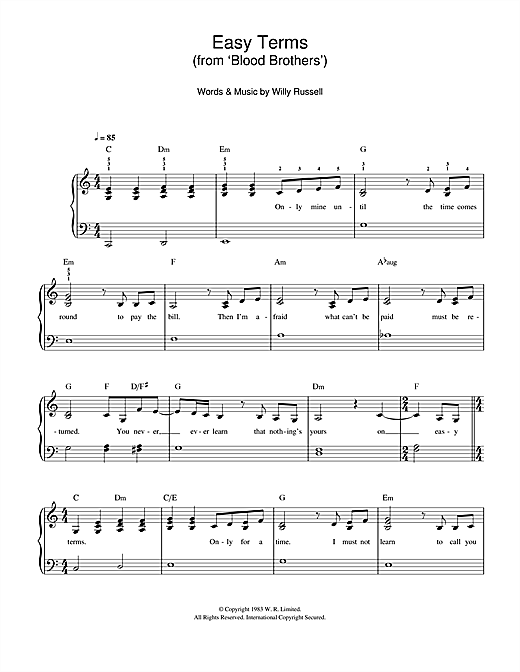 Learn to play Willy Russell Easy Terms (from Blood Brothers) sheet music for Easy Piano in minutes. Willy Russell Easy Terms (from Blood Brothers) sheet music notes and chords