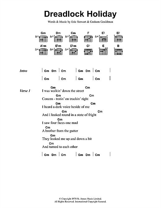 10cc Dreadlock Holiday sheet music notes and chords. Download Printable PDF.