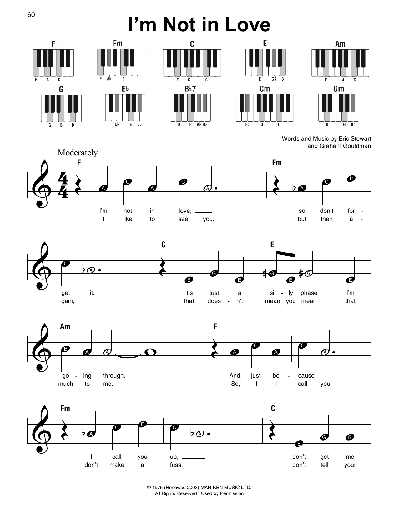 10Cc I'm Not In Love sheet music notes and chords. Download Printable PDF.