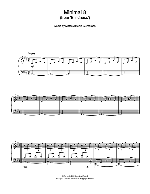 Preview Marco Antonio Guimaraes Minimal 8 (From 'Blindness') Film and TV sheet music, notes and chords for Piano, SKU: 110546 sheet music, piano notes, chords, guitar tabs, score, transpose, transcribe, how to play, guide, download, learn, tutorial, progression, song, artist, awards, billboard, mtv, vh1, tour, single, album, release