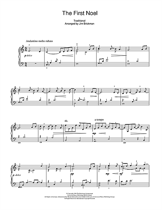 Preview Jim Brickman The First Noel Traditional sheet music, notes and chords for Piano, SKU: 110592 sheet music, piano notes, chords, guitar tabs, score, transpose, transcribe, how to play, guide, download, learn, tutorial, progression, song, artist, awards, billboard, mtv, vh1, tour, single, album, release