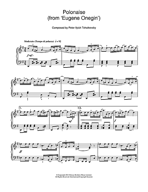 Preview Pyotr Ilyich Tchaikovsky Polonaise (from ‘Eugene Onegin') Classical sheet music, notes and chords for Piano, SKU: 110682 sheet music, piano notes, chords, guitar tabs, score, transpose, transcribe, how to play, guide, download, learn, tutorial, progression, song, artist, awards, billboard, mtv, vh1, tour, single, album, release