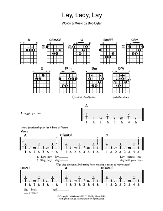 Preview Bob Dylan Lay Lady Lay Rock sheet music, notes and chords for Guitar, SKU: 111258 sheet music, piano notes, chords, guitar tabs, score, transpose, transcribe, how to play, guide, download, learn, tutorial, progression, song, artist, awards, billboard, mtv, vh1, tour, single, album, release