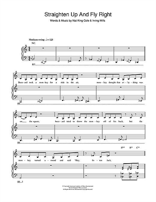 Preview Diana Krall Straighten Up And Fly Right Jazz sheet music, notes and chords for Piano, Vocal & Guitar, SKU: 111942 sheet music, piano notes, chords, guitar tabs, score, transpose, transcribe, how to play, guide, download, learn, tutorial, progression, song, artist, awards, billboard, mtv, vh1, tour, single, album, release