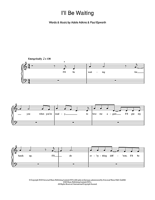 Preview Adele I'll Be Waiting Pop sheet music, notes and chords for 5-Finger Piano, SKU: 112972 sheet music, piano notes, chords, guitar tabs, score, transpose, transcribe, how to play, guide, download, learn, tutorial, progression, song, artist, awards, billboard, mtv, vh1, tour, single, album, release