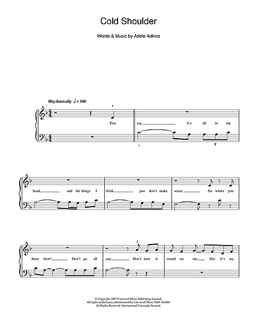 Preview Adele Cold Shoulder Pop sheet music, notes and chords for 5-Finger Piano, SKU: 112976 sheet music, piano notes, chords, guitar tabs, score, transpose, transcribe, how to play, guide, download, learn, tutorial, progression, song, artist, awards, billboard, mtv, vh1, tour, single, album, release