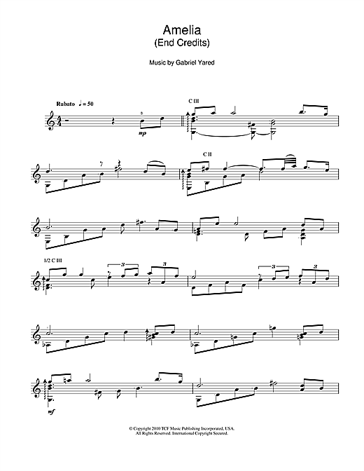 Preview Gabriel Yared Amelia (End Credits) Folk sheet music, notes and chords for Guitar, SKU: 113653 sheet music, piano notes, chords, guitar tabs, score, transpose, transcribe, how to play, guide, download, learn, tutorial, progression, song, artist, awards, billboard, mtv, vh1, tour, single, album, release