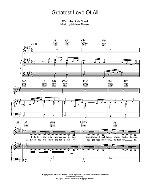 Preview Whitney Houston The Greatest Love Of All Ballad sheet music, notes and chords for Piano, Vocal & Guitar (Right-Hand Melody), SKU: 113870 sheet music, piano notes, chords, guitar tabs, score, transpose, transcribe, how to play, guide, download, learn, tutorial, progression, song, artist, awards, billboard, mtv, vh1, tour, single, album, release