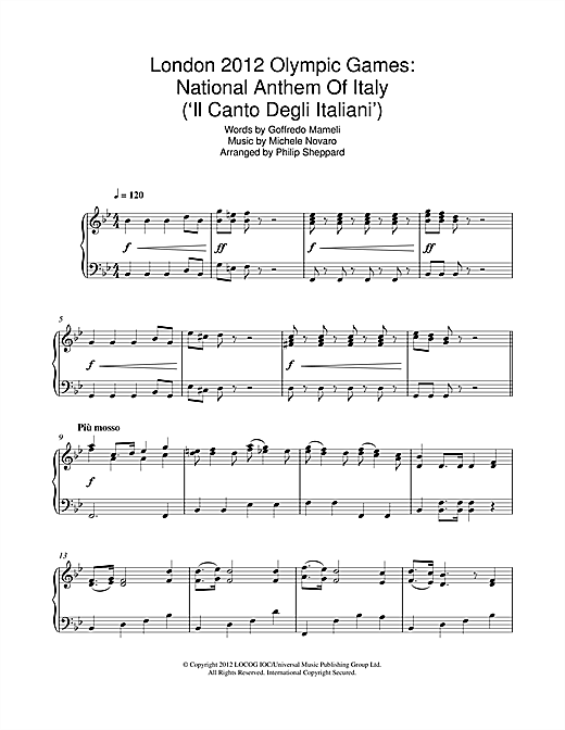 Preview Philip Sheppard London 2012 Olympic Games: National Anthem Of Italy ('Il Canto Degli Italiani') Classical sheet music, notes and chords for Piano, SKU: 114490 sheet music, piano notes, chords, guitar tabs, score, transpose, transcribe, how to play, guide, download, learn, tutorial, progression, song, artist, awards, billboard, mtv, vh1, tour, single, album, release