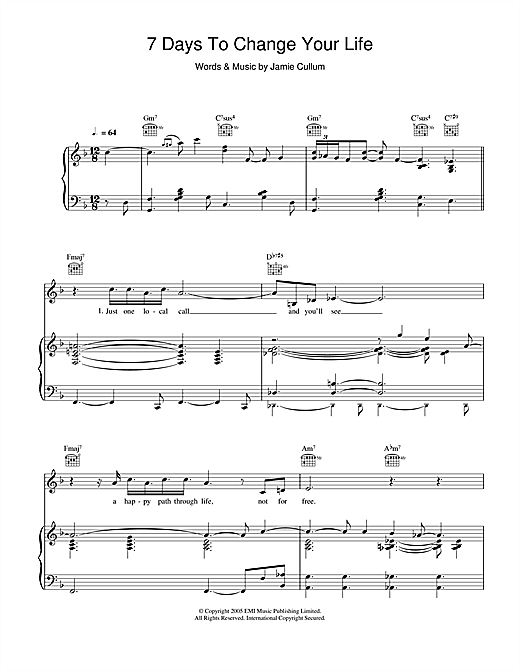 Preview Jamie Cullum 7 Days To Change Your Life Pop sheet music, notes and chords for Piano, Vocal & Guitar, SKU: 114695 sheet music, piano notes, chords, guitar tabs, score, transpose, transcribe, how to play, guide, download, learn, tutorial, progression, song, artist, awards, billboard, mtv, vh1, tour, single, album, release