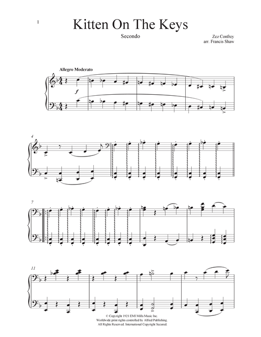 Preview Zez Confrey Kitten On The Keys Classical sheet music, notes and chords for Piano Duet, SKU: 114887 sheet music, piano notes, chords, guitar tabs, score, transpose, transcribe, how to play, guide, download, learn, tutorial, progression, song, artist, awards, billboard, mtv, vh1, tour, single, album, release