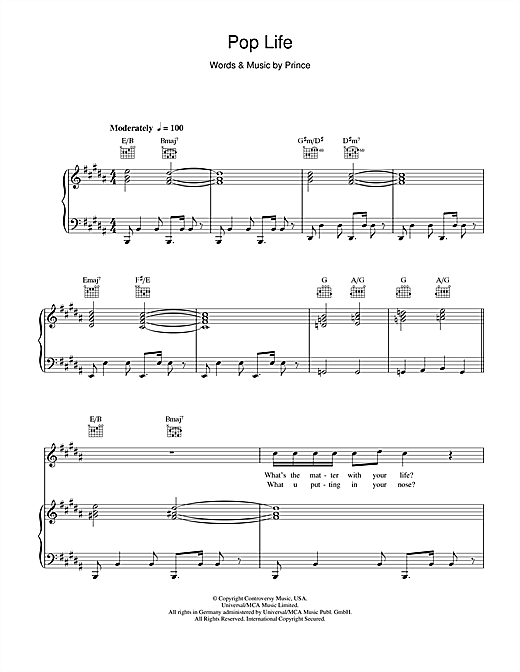 Preview Prince & The Revolution Pop Life Pop sheet music, notes and chords for Piano, Vocal & Guitar, SKU: 115070 sheet music, piano notes, chords, guitar tabs, score, transpose, transcribe, how to play, guide, download, learn, tutorial, progression, song, artist, awards, billboard, mtv, vh1, tour, single, album, release