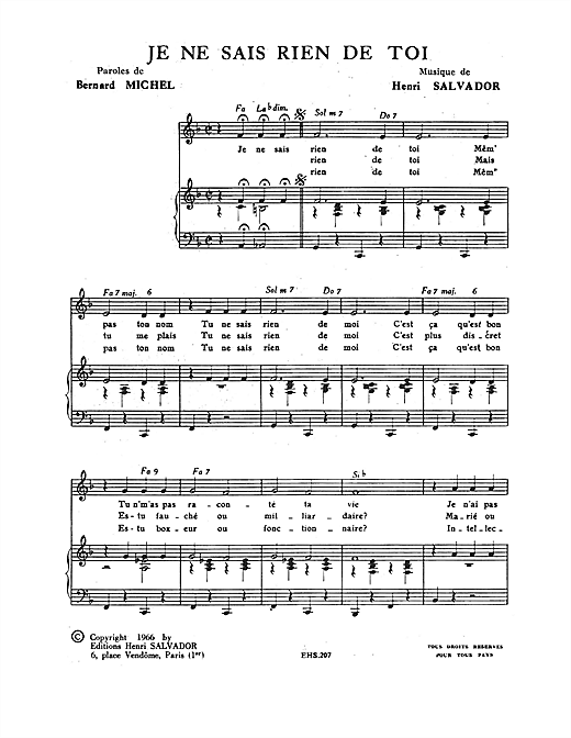 Preview Henri Salvador Je Ne Sais Rien De Toi Pop sheet music, notes and chords for Piano & Vocal, SKU: 115085 sheet music, piano notes, chords, guitar tabs, score, transpose, transcribe, how to play, guide, download, learn, tutorial, progression, song, artist, awards, billboard, mtv, vh1, tour, single, album, release